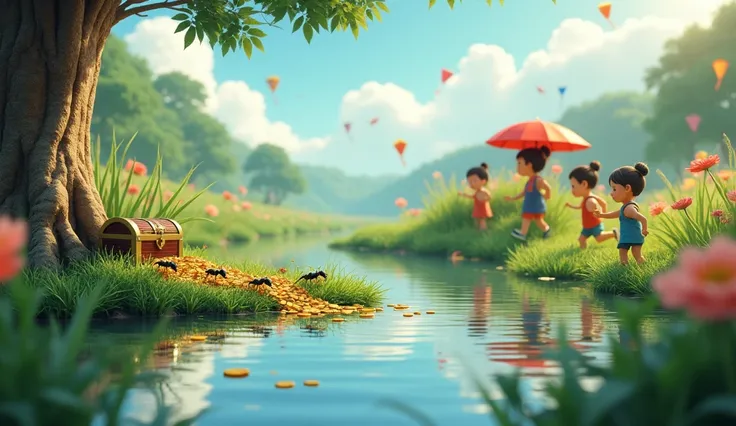 Setting**: A calm pond surrounded by reeds and flowers.  

- **8**: Eight tiny ants marching in a perfect line on a tree trunk.  
- **9**: A sparkling treasure chest spilling nine golden coins onto the grass.  
- **10**: Ten ren joyfully playing tag on a s...