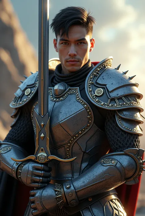 A short quiff Black haired male with a proud look in his eyes with a great sword, concept art by Yang J, Artstation contest winner, fantasy art, hyperdetailed fantasy character, 3 d render character art 8 k, epic exquisite character art, strong fantasy kni...