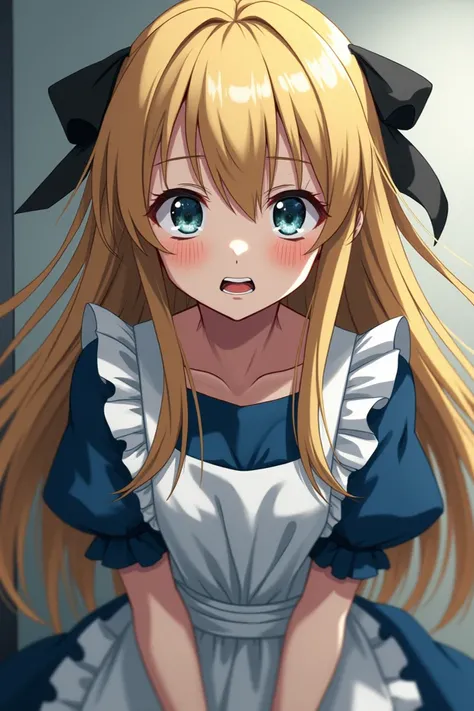 anime, girl, detailed,  blond hair , black ribbon in hair, Blue dress, white apron, white straitjacket ,  disturbing facial expression.
