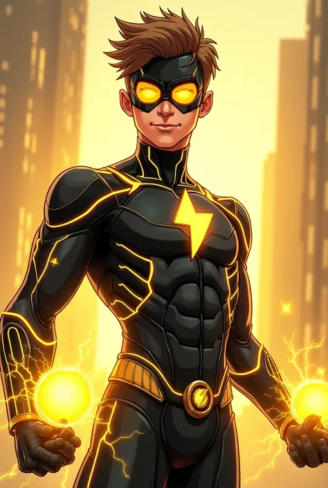  a charismatic young man , wearing a predominantly black and gold superhero costume .  He wears a futuristic mask with yellow lenses and has a confident smile. . His costume includes electrical and stylized details ,  with the small emblem containing the s...