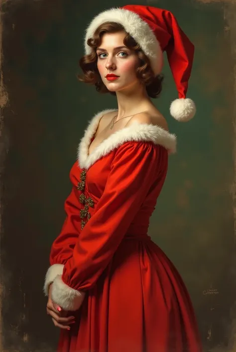  il y a une femme vêtue dune robe rouge et dun bonnet de père Noël qui pose pour une photo, un portrait inspiré par Art Frahm , Tendance sur CG Society, art nouveau, part style leyendecker, Enoch Bolles, style leyendecker, indices de coles phillips, portra...