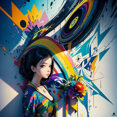 (masterpiece, best quality:1.2), Graffiti Comics，Graffiti, wall, whole picture, High resolution and high contrast,simple,knight，alone，Abstract surreal colors, popular geometric surrealism, rainbow colored dreams