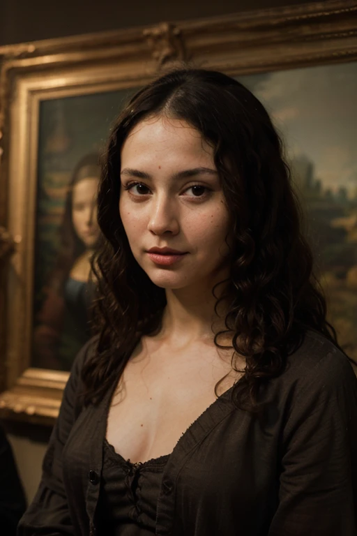 A Mona Lisa with full curly hair, a brown brunette with less forehead, a perky nose, is a fleshy mouth. 