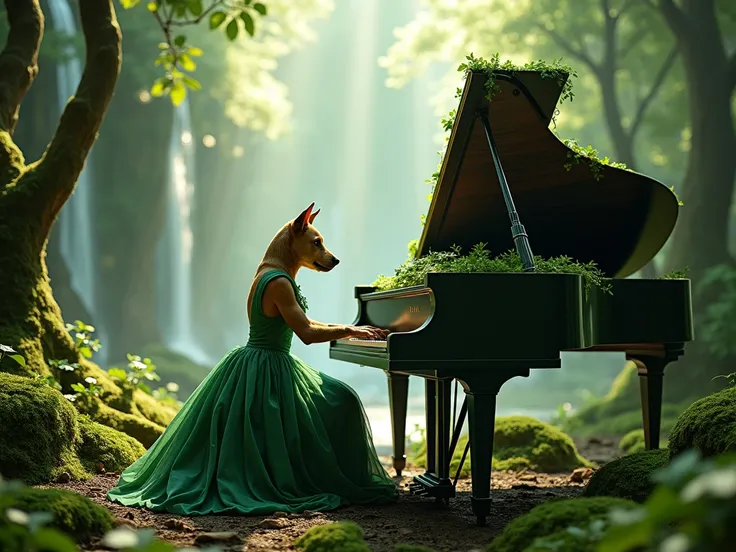 A whimsical and enchanting forest scene featuring a humanoid dog dressed in a flowing, elegant green dress. The dog is seated at a grand piano, covered in moss and leaves, playing music amidst a magical backdrop of cascading waterfalls and lush greenery. T...