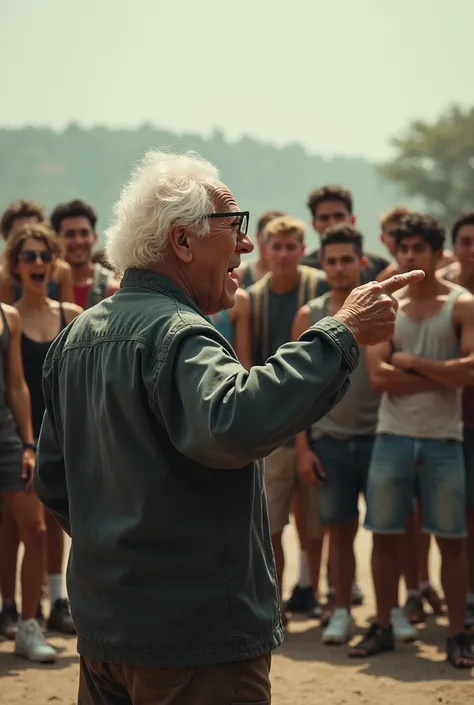 An elderly man stands facing back, pointing angrily in front of ten teenagers, who are insisting, smiling. Wide angle