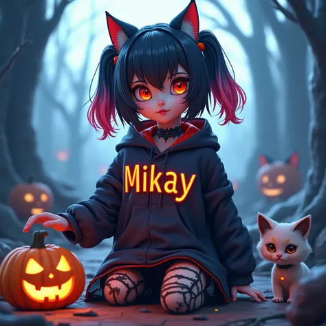 A 3d anime women, Two-toned hair color, had a scary costume, cool background, had a cat with a costume, have a jack o lantern, with a name on her costume "Mikay" with a big font