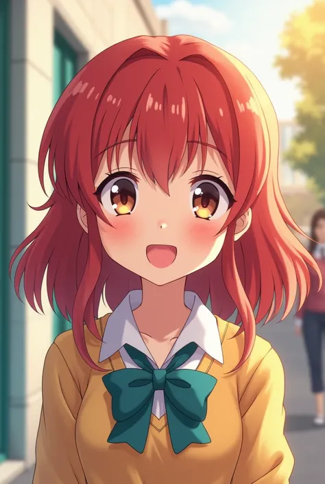 An anime girl. Her hair is red with brown eyes. And she is joyful. She is a student.