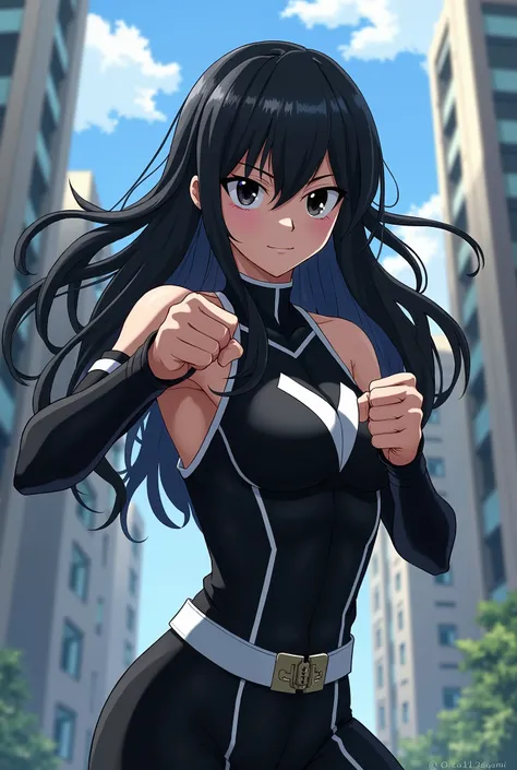 My Hero Academia Style , Anime girl, female, young female ,Full Body Shot,(fighting stance:1.3),Long hair, Black Hair,  Black Eyes,Hero Suit, Full Body Suit, Black suit with White details, perfect anatomy,  Toughened Abs,super detailed,(Buildings:1.2）