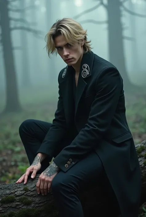 Closer, Imagine Victor, a handsome adult man with chin-length, medium-blond hair styled in layered cuts, blending rebellion with elegance. He sits on a dew-covered, fallen tree in a northern misty forest, the faint glow of soft light filtering through the ...