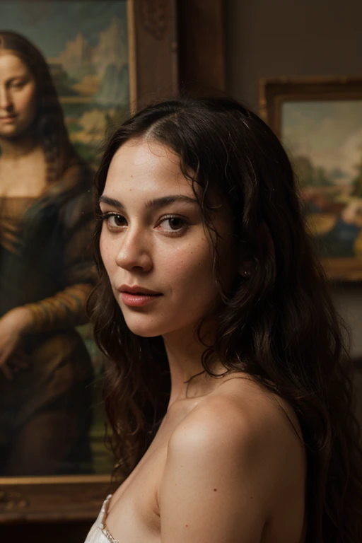 A Mona Lisa with full curly hair, a brown brunette with less forehead, a perky nose, is a fleshy mouth. 