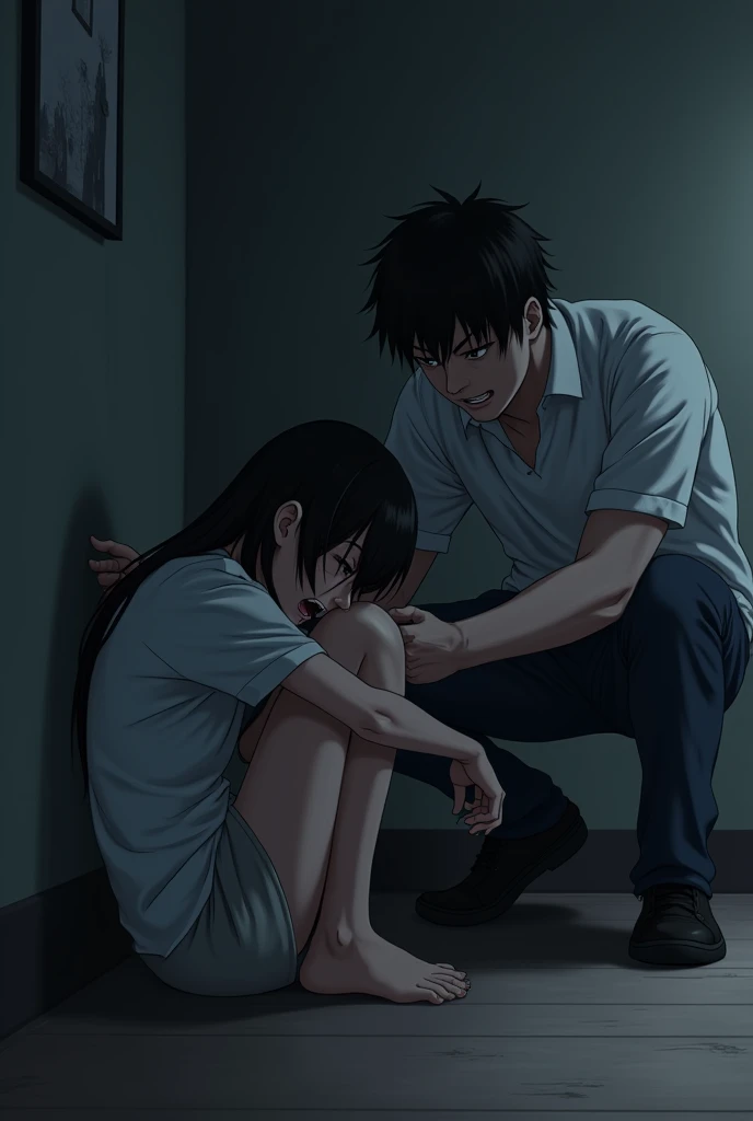 Create a dark anime-style photo of a sad and scared woman sitting with her back to the wall and an angry man standing in front of her screaming and pointing at her.