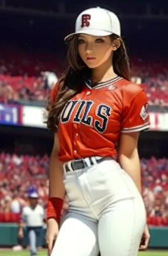 a very beautiful woman wearing a 、standing in the batter box、a very beautiful woman in a chicago bulls uniform,hit at giants sta...