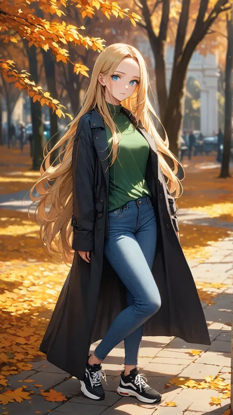 A youthful female with blue eyes and long blonde straight hair with perfect body:1.1 and medium breast. She is wearing a blue skinny jeans and emerald shirt with black transition-coat and black sneakers. Outdoor setting in daytime in fall. Fashion photogra...