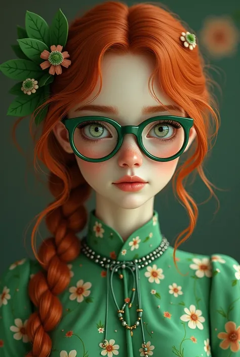  White-eyed girl with brown eyes , Red hair B2 ,  with emerald green eyeglasses ,  flower outfit a little below the knees 