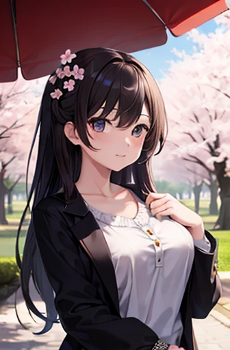 (masterpiece),  best quality,  high definition ,  high definition,  detailed background,  perfect lighting, Outdoors,  one girl, Cherry blossoms in full bloom, big chest