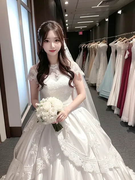 ，wedding gown，Bride，marriage，Beautifully dressed，Shiny clothes，Lace on clothes，Clothes lace，Large skirt，Lace trim，stand posture，facing the front there，Flowers in hand，ssmile，light yarn，full bodyesbian