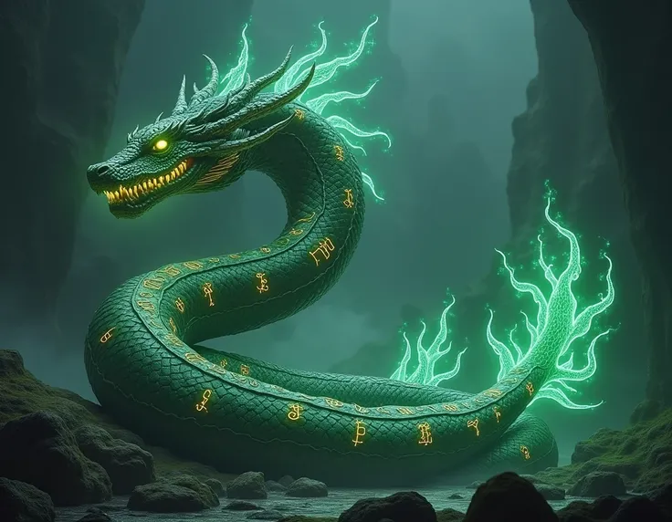 Loki-Leviathan :  A serpentine hybrid with magical runes engraved on its scaly skin,  fusion surrounded by mystical tentacles that glow emerald green .