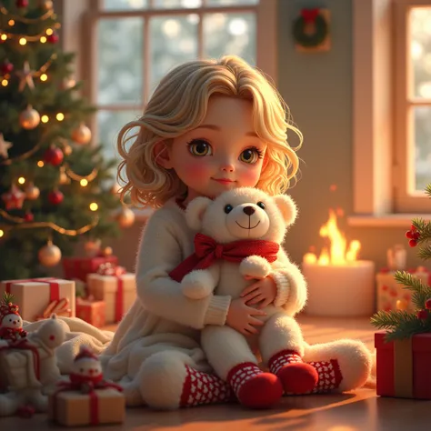 image of a  girl in Christmas pajamas sitting in a room with Christmas decorations. harmonious face holding a Christmas teddy bear. slightly curly hair, fair skin, wearing Christmas socks