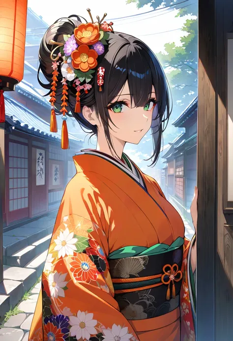 masterpiece, Highest quality, Super detailed, Detailed eyes, Upper Body Shot, Long characters, Decorated with colorful flowers and traditional hair ornaments、Intricately styled black hair. Characters、She is wearing a detailed kimono with vibrant orange flo...