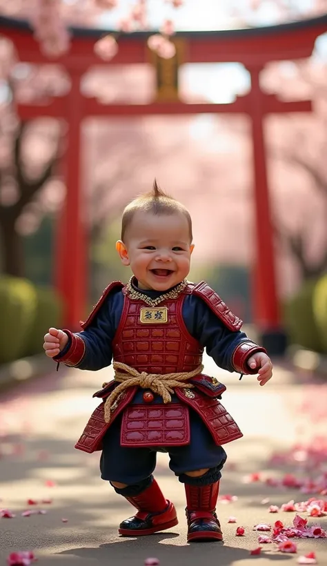 " A newborn  , happily dancing ,  dressed in traditional Japanese samurai armor,  detailed with gold and red adornments .  The setting is a beautiful Japanese garden in spring , with cherry blossoms in full bloom,  a torii gate in the background ,  and sof...