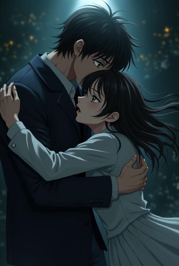  Create a dark anime-style photo of a woman trying to break away from a mans grasp. The womans face must be scared .