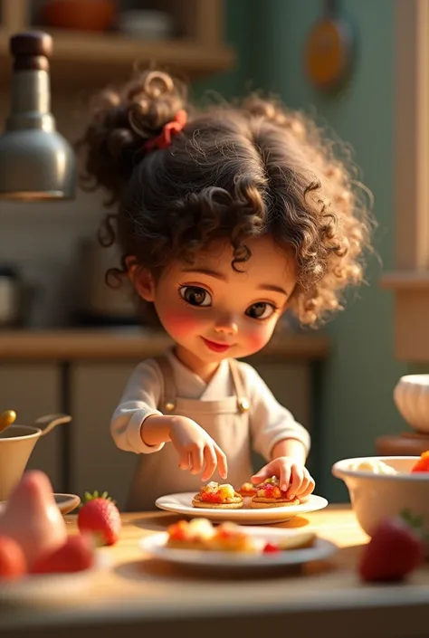 Cute miniature curly hair girl cooking tiny food