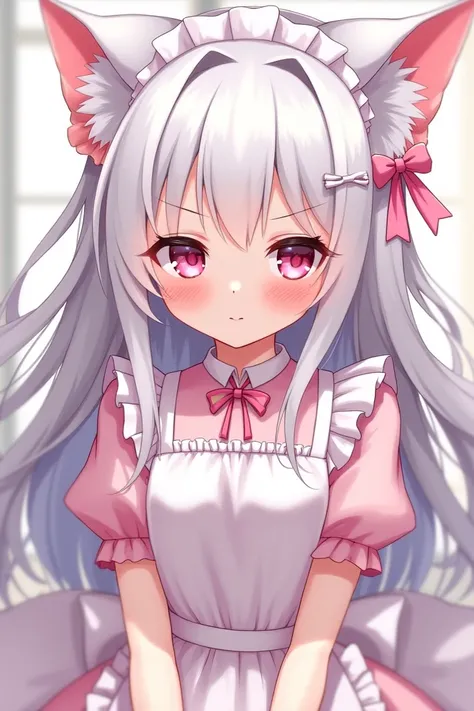 A girl with long white hair, cat ears, and a pink hairpin wears a maid costume and looks blush and is ashamed