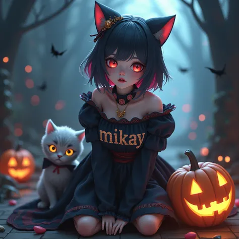 A 3d anime women, Two-toned hair color, feminine maiden,had a scary costume, cool background, had a cat with a costume, have a jack o lantern, with a name on her costume "Mikay" with a big font