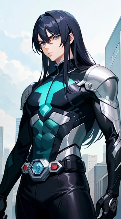 ( High Resolution Anime  ), (   best quality ),Beautiful young handsome man with a cool and handsome face, glowing Kamen Rider suit, 18 years old, toned and muscular, tall, long hair, long bangs