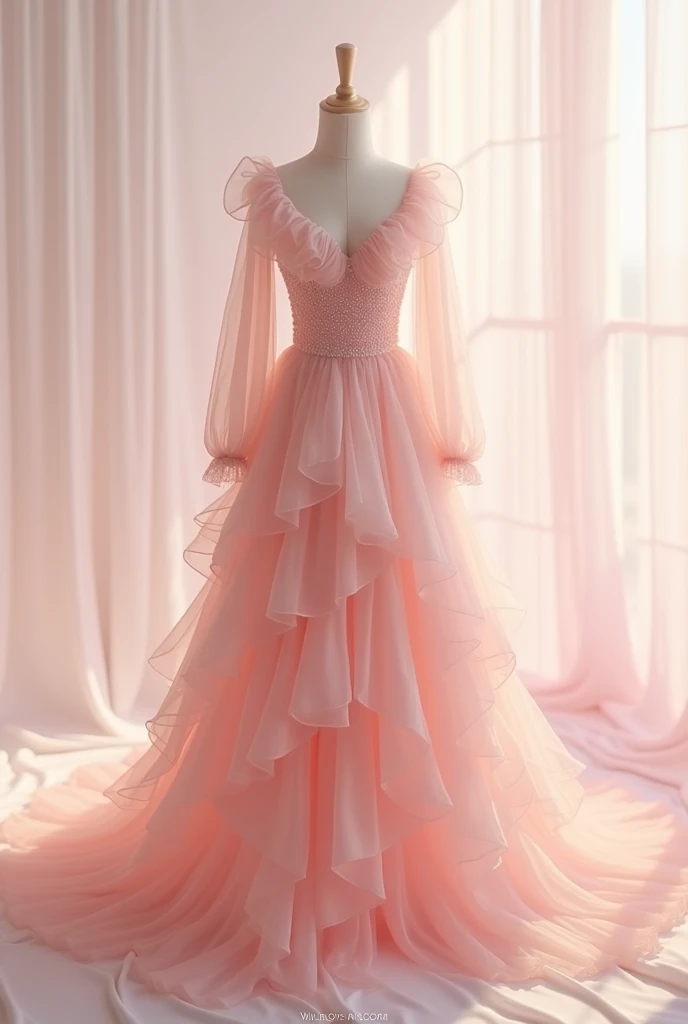 Soft blush pink long-sleeve tiered dress with ruffles.