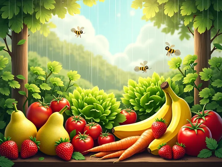 
"The fruit and vegetable garden"
strawberries, pear, PLATANOS, Tomatoes, carrots, apples,sun, Lettuce rain, Cucumbers, bees, birds