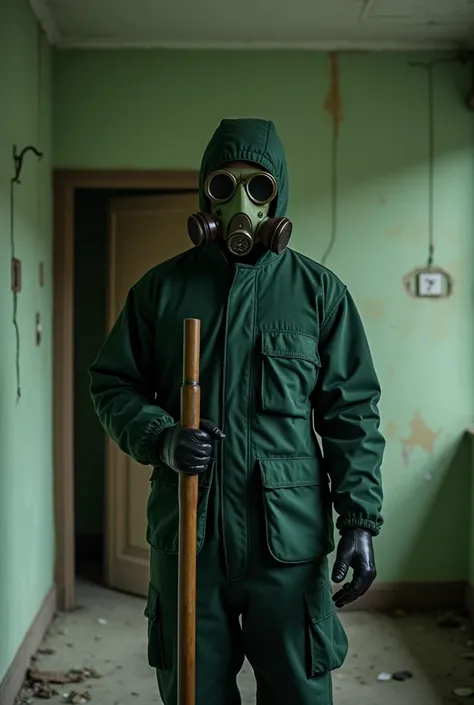  The man is wearing a dark green protective jumpsuit .  He has a gas mask ,  on his head and all over his body and pouches . He is holding a rake .  All this happens in an old abandoned room ,  which is part of an apartment building with doors.