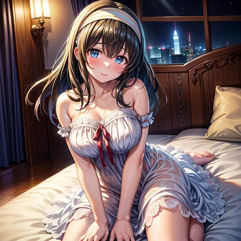 (( best quality)), ((masterpiece)), (  Details), ( ultra high resolution)、aafumika、 The Idolmaster、
 long hair、 headband、 big big breasts 、
 perfect face、超 Detailsな肌、(Perfect Fingers、Perfect hands)、 beautiful body 、
(translucent thin white nightgown)、
 ope...