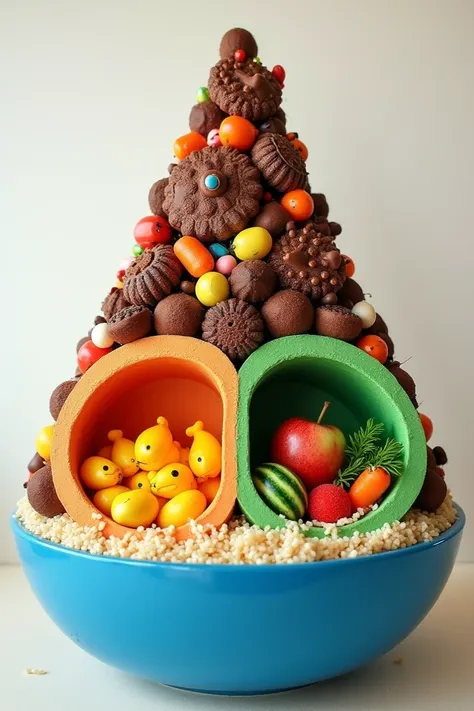 A large triangle encrusted in the upper part of sweets and chocolate biscuits. In the lower part it is divided into two categories divided in the left part it is yellow and very small fish and eggs inside it is orange and inside it is pale milk The bottom ...