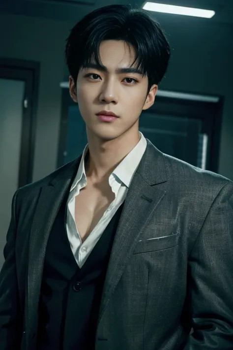 a korean man, wearing a suit, deep v-neck, muscular chest, in the office, wearing a suit, working, hyper realistic, 8k, ultra detailed, photorealistic, dramatic lighting, cinematic composition, chiaroscuro, moody, warm color palette, depth of field