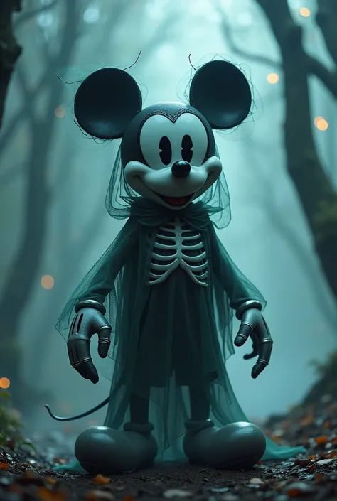 A fusion of Mickey Mouse and a ghostly Grim Reaper, depicted as a dark, spectral being with a haunting and ethereal presence. The hybrid character has a translucent, ghost-like body with misty, flowing robes, glowing hollow eyes, and skeletal features subt...