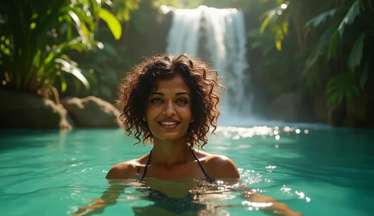 Create a photorealistic masterpiece in 8K UHD of a lush tropical waterfall cascading into a tranquil pool. The scene should be framed by dense, vibrant green foliage, immersing the viewer in a rich forest environment. Sunlight streams through the canopy, i...