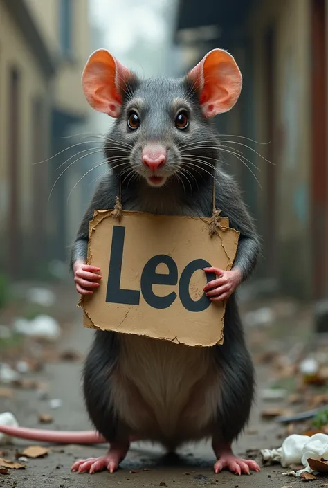 
 A rat wearing a sign with the name LEO
"they,I dont buy bills "