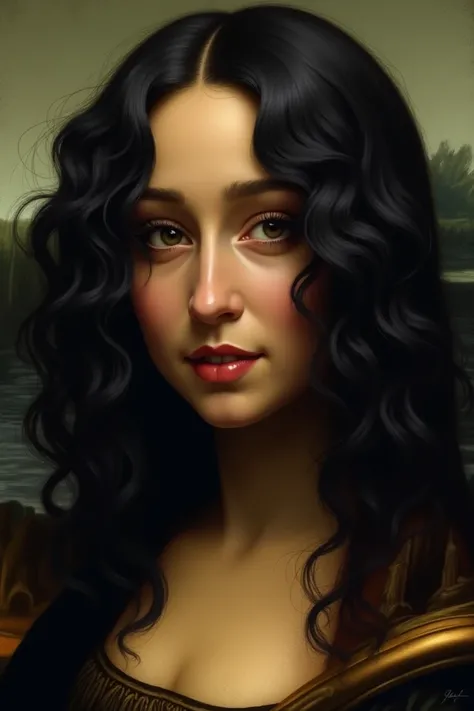  Create a Mona Lisa with full curly hair, Black, Less forehead ,  perky nose and fleshy mouth 