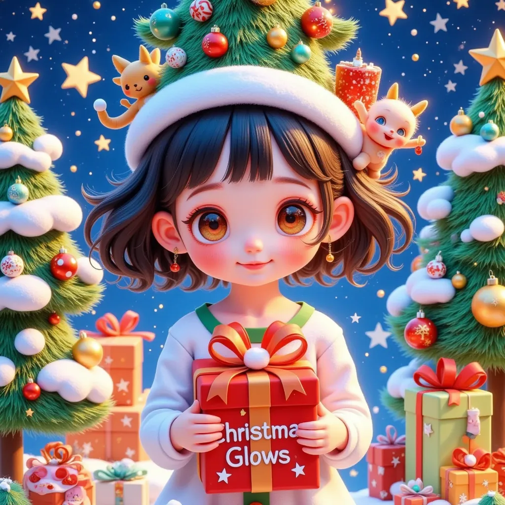 stamps：一个快乐的戴着Christmas tree帽子的女孩在圣诞信前拿着精美的礼物 ，(((The box says Christmas glows )))。 Hair is decorated with gifts +Christmas tree+Hut+Gingerbread Man+Bow。Short hair，  beautiful face， skin details ，Finding an audience，Official illustrations，cute，interesting