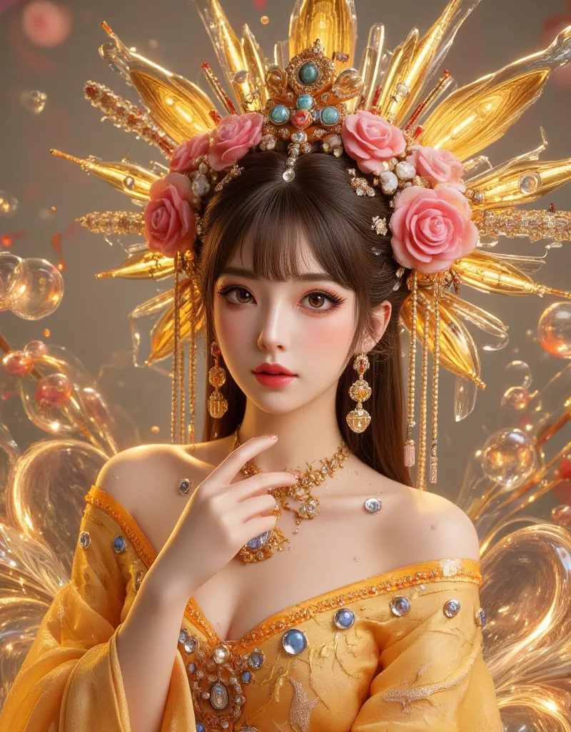 (Extra long shot, full body portrait, super wide angle), 1girl, solo, Flashing Hanfu Girl, encapsulated in a kawaii aesthetic style with liquid light elements, embodies the deep connection with the essence of Chinese culture and fairy tales.Intricate detai...