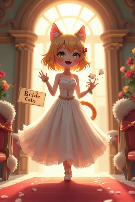 Cute bride cat girl  coming in marriage hall, behind his wrote "Bride cats"