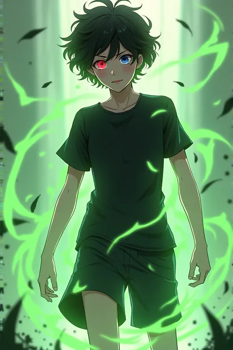 An anime character with curly black hair with a half-red black eye wearing a black shirt and black shorts with three-dimensional strength and speed with a power to control time with his green rays