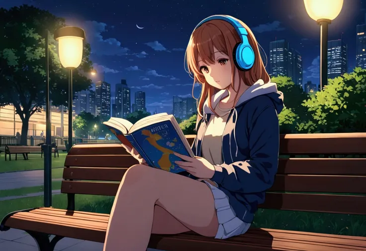 Anime, Girl, Sitting on park bench, night, Wearing headphone, reading book, City pop