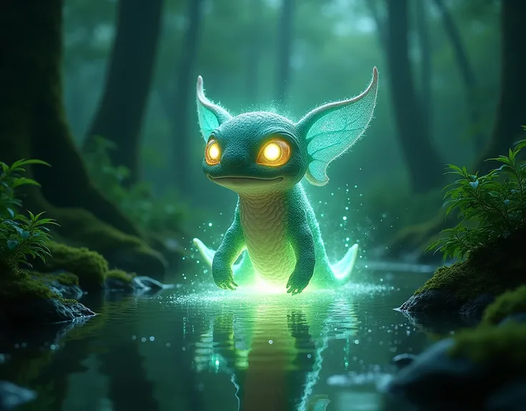 In a mystical, enchanted forest, where the air is alive with an otherworldly energy, a magnificent creature emerges from the depths of a vibrant, bioluminescent pool. The aborboras, a being of shimmering, iridescent scales, glows with an ethereal light tha...