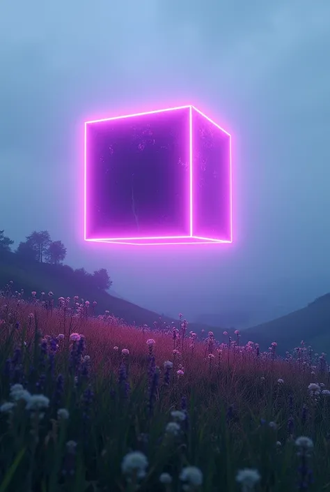 A purple neon cube, floating above the ground, medieval field 