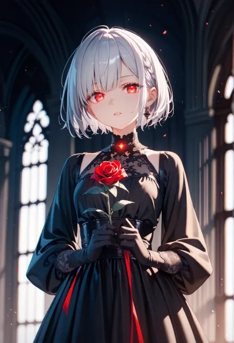 cinematic lighting,1girl, Alone,silver hair, red glowing eyes, short hair, dress,sleeves,dark fantasy, Its a dark room.,water,black rose made dress