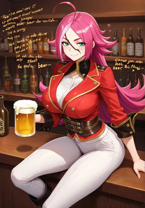 High resolution,  masterpiece, necessary,  The best quality, Detail, quality,  lyrics,  very detailed

1girl, solo, chop beer

Francis drake, francis drake fate  grand order,  long hair , pink hair, white pants, smile, Ojos cerrados, Feliz, Dientes, 

Bar,...