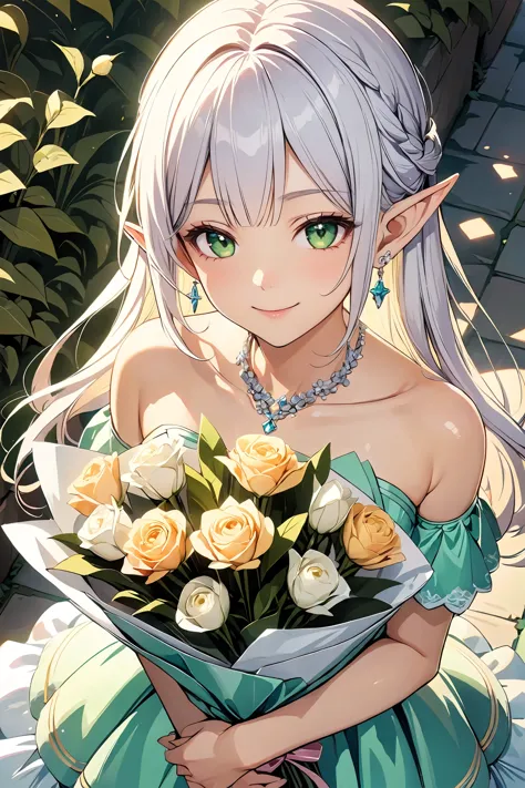 (masterpiece, ultra quality, official art, 8k, extreamly detailed, beautiful and aesthetic:1.2), (1 elf lady), solo, (cowboy shot:1.3), anatomically correct, absurdres, (background like flower garden), (well-defined facial features, perfectly proportioned ...