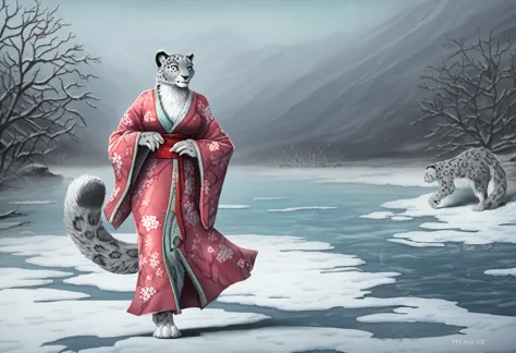 headless:1.5, snow leopard, furry:1.2, walking, frozen lake, fantasy style, barefeet, female, fullbody, kimono